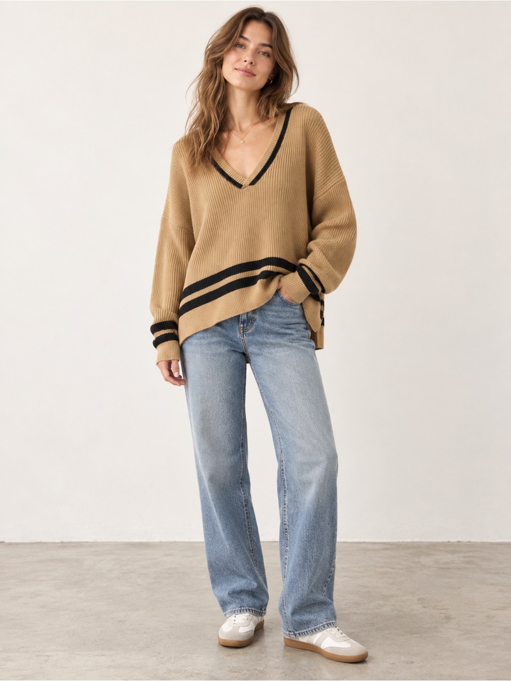 Par Simons Tan V-Neck Sweater with Black Stripe Trim | S/M